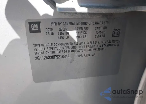 2015 Chevrolet Impala 2Lt from USA, damaged, VIN 2G1125S38F9218844